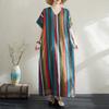 Summer Thin Cotton Linen Print V-neck Loose Oversized Simple Casual Vacation Style Medium Long Dress for Women Dresses
