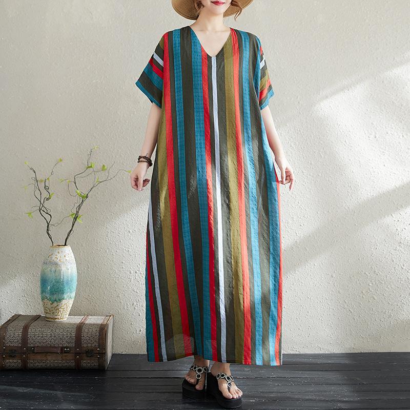 Summer Thin Cotton Linen Print V-neck Loose Oversized Simple Casual Vacation Style Medium Long Dress for Women Dresses
