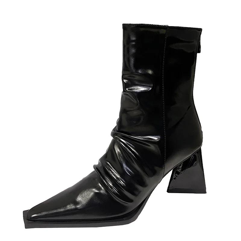 

Модные женские ботинки 2025 Зима Новые Британский стиль Заостренный Патентная кожа Плиссированная Задняя молния Толстый высокий каблук Средняя голень Короткие ботинки 35