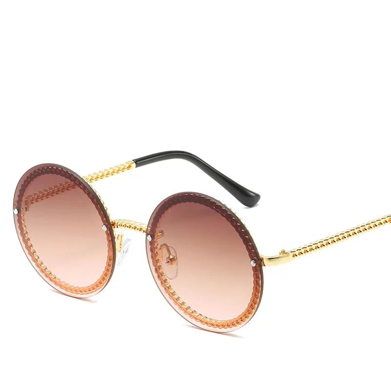 Luxury Metal Chain Round Sunglasses Rimless Brand Shades for Women Circle Sun Glasses Gradient Oculos Zonnebril Dames