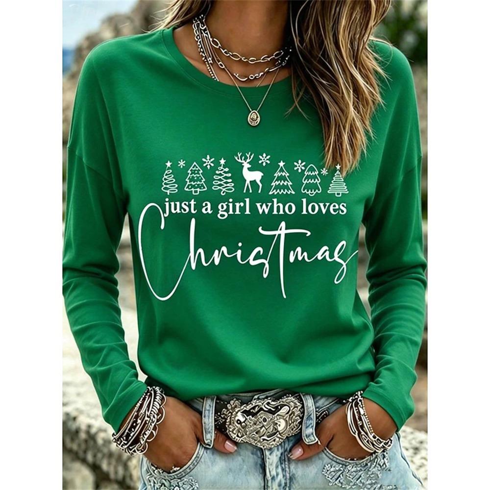 Women’s Autumn Long-Sleeve Christmas T-Shirt Crew-Neck Pullover with Holiday Letter Print Loose Fit Casual Street-Style Top