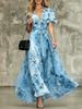 European and American Summer Elegant and Sexy Deep V-neck Lotus Leaf Sleeve Bohemian Print Dress