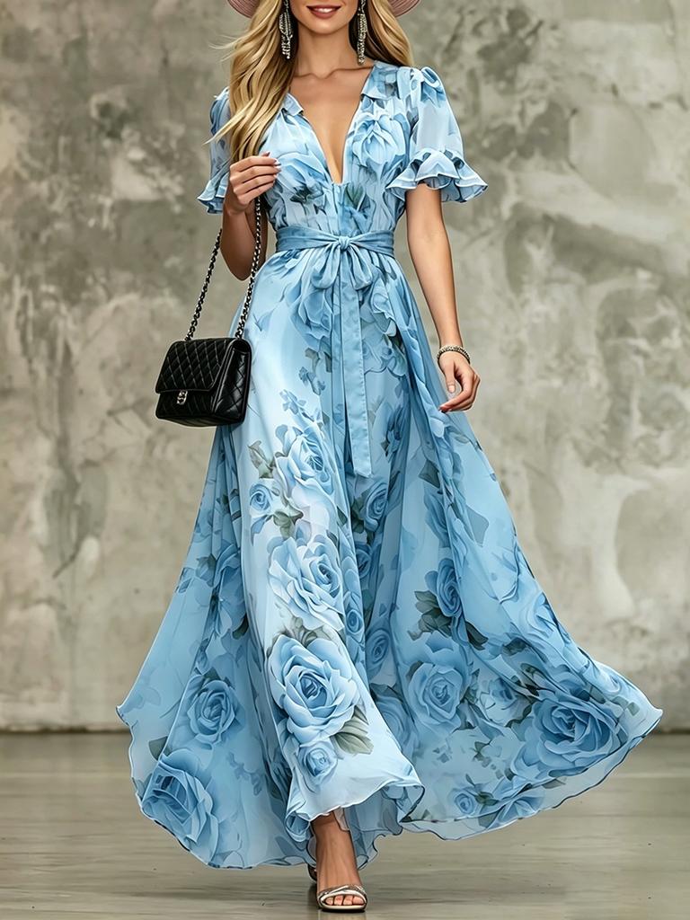 European and American Summer Elegant and Sexy Deep V-neck Lotus Leaf Sleeve Bohemian Print Dress