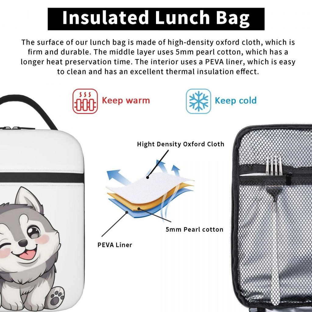 Cute Winking Kawaii Husky Insulated Lunch Bag for Women Kids Portable Food Boxes Thermal Lunch Box Tote