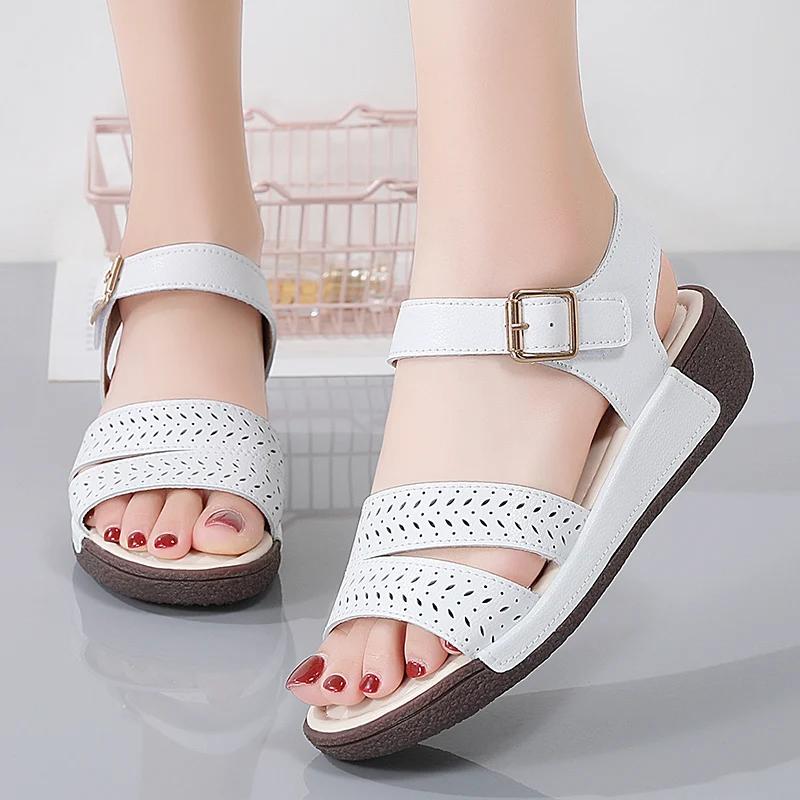 Ladies Non Slip Lightweight Platform Sandalias Mujer Casual Summer Shoe Women Wedge Sandals Fashion Hollow Cowhide Beach Sandals