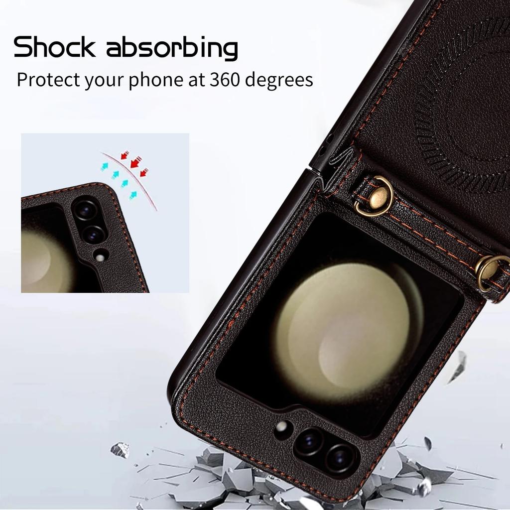 Magnetic Crossbody Leather Phone Case For Samsung Z Flip 6 5 4 3 5G Flip5 Long Rope For Magsafe Wireless Charging Lanyard Cover