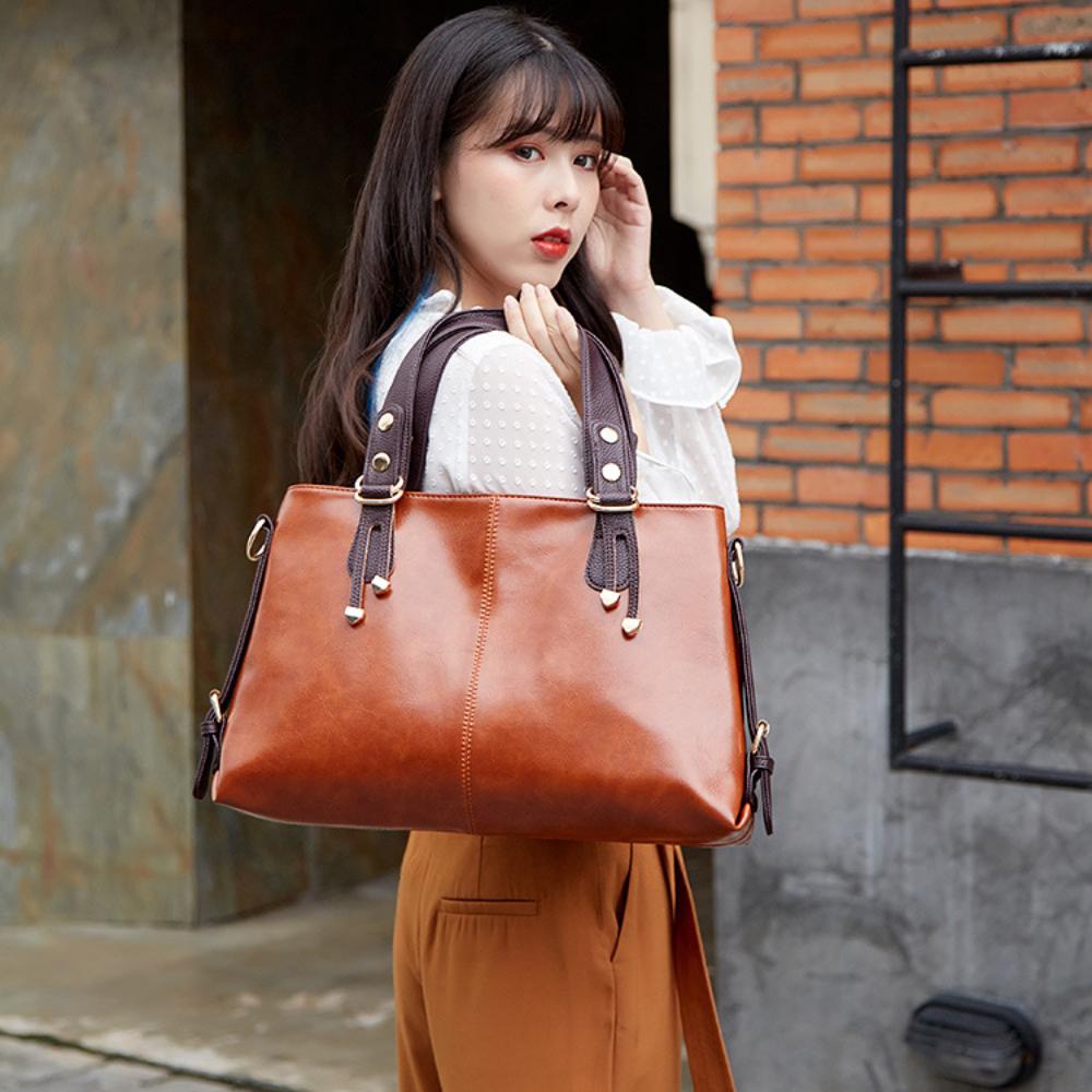Retro Minimalist Atmosphere Large-Capacity Wide Shoulder Strap Solid Color Tote Bag Ladies' Fashion Multi-Layered Wax Oil Leather