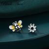 Black and White Design Black Zircon Cute Bee and Flower Stud Earrings
