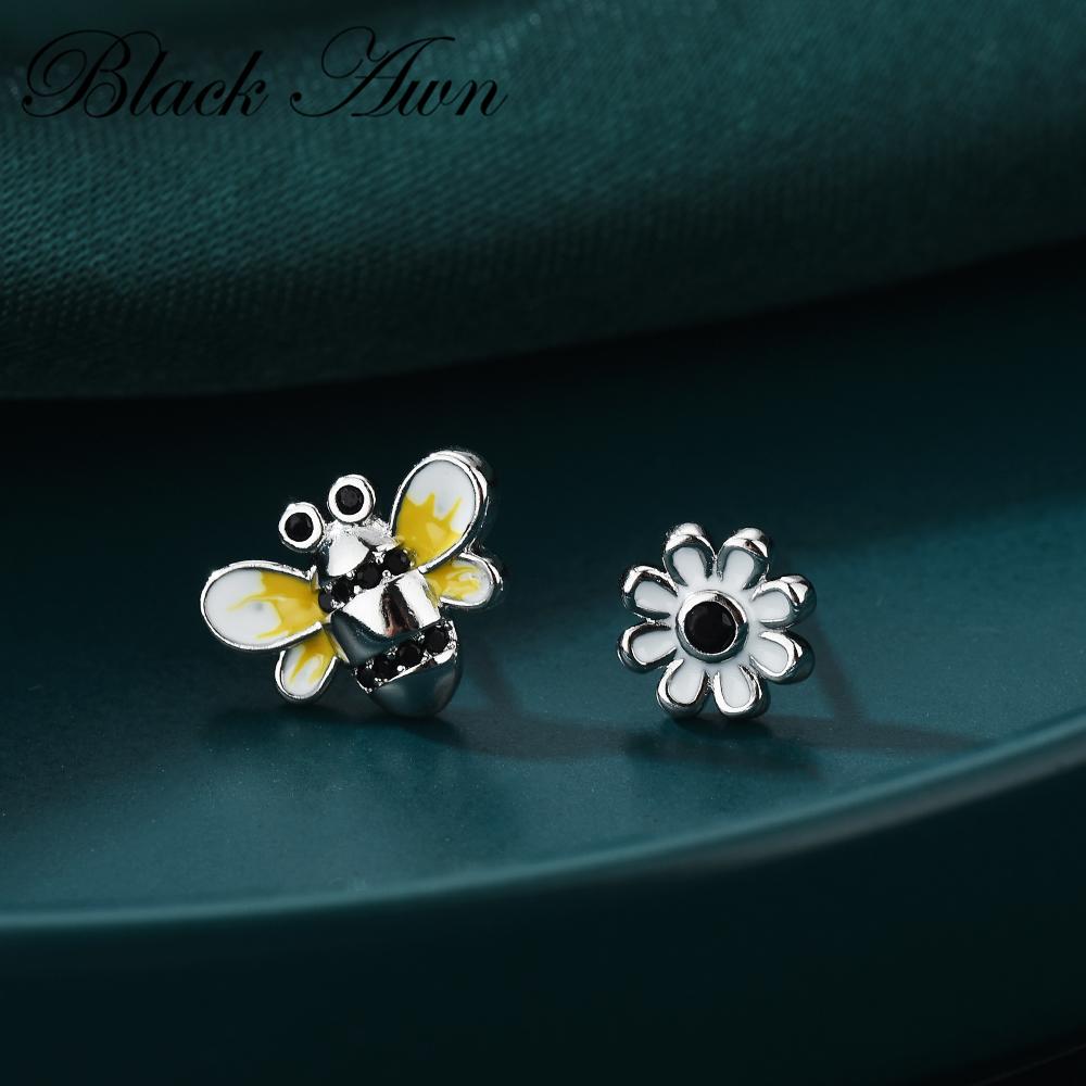 Black and White Design Black Zircon Cute Bee and Flower Stud Earrings