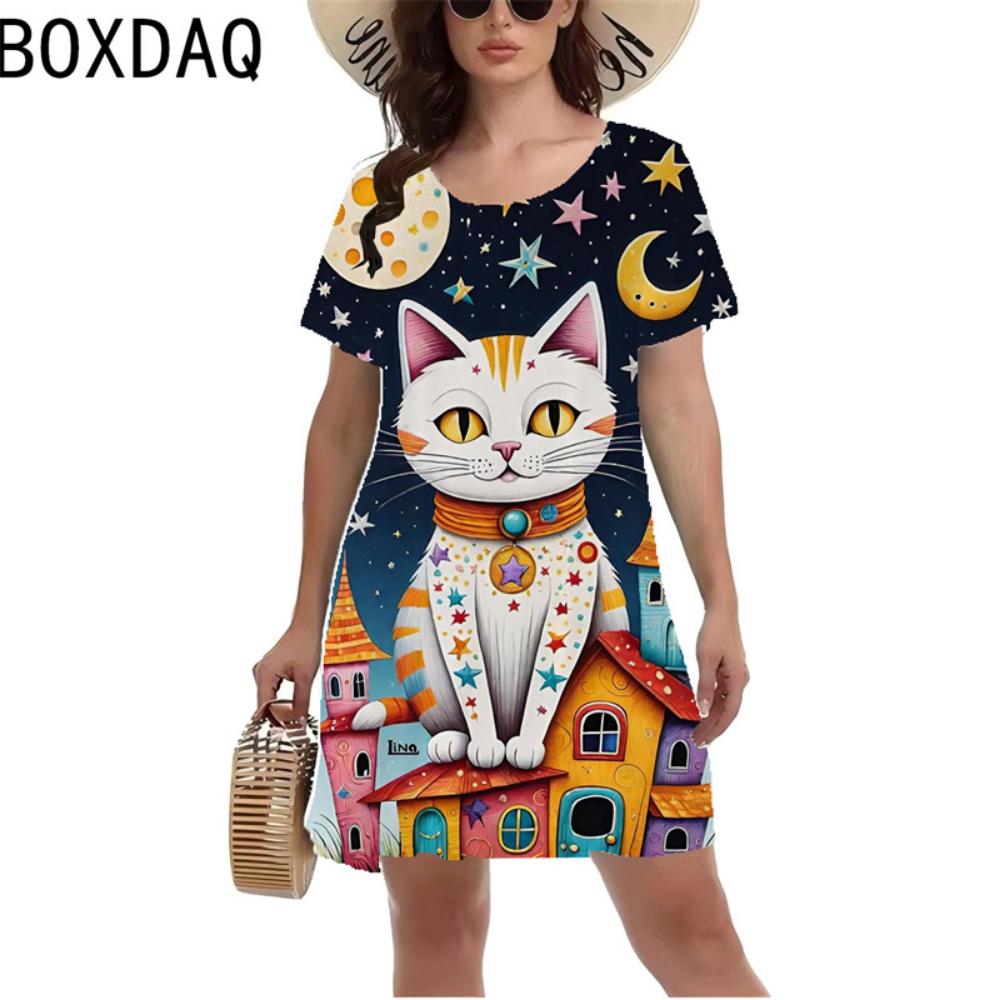 Summer Fashion 3d Funny Cat Print Dress Women's Casual A-line Dress Short-sleeved O-neck Mini Dress