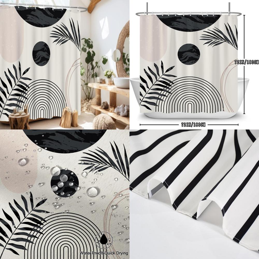 Bohemian Shower Curtain, Black Leaves Mid Century Shower Curtain Set For Bathroom, Modern Abstract Minimalist Fabric Bath Curtai