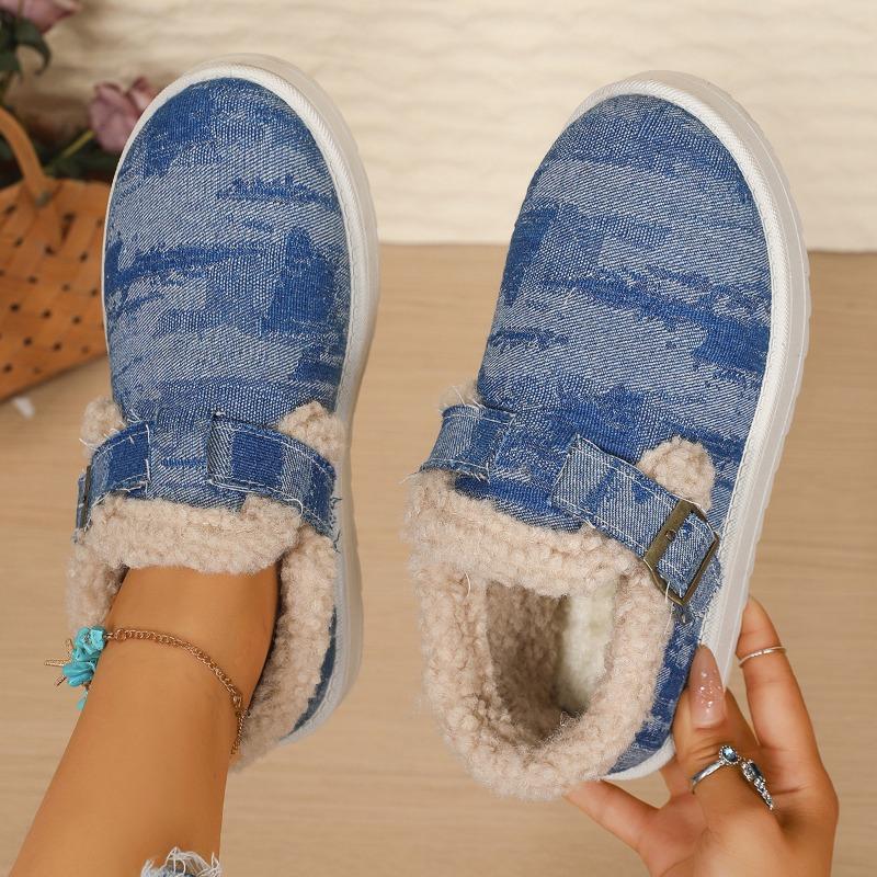 New plush and thickened wool cotton shoes for women's autumn and winter new warm one-pedal platform cotton shoes