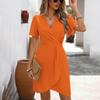 Kobiety Dopasowana Sukienka z Dekoltem V z Krótkim Rękawem w Linii A z Wysokim Stanem Jednolity Kolor Niezwykła Jednoczęściowa Sukienka Wiosenno-Letnia S-XL