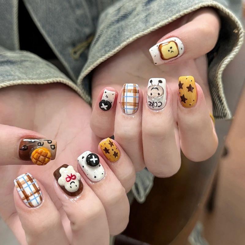 

Handmade Nail Nail Chestnut Potato Bag Gingerbread Man Hand Painted Cartoon Cute Three-Dimensional White Nail Stickers Moe fun art painting XS