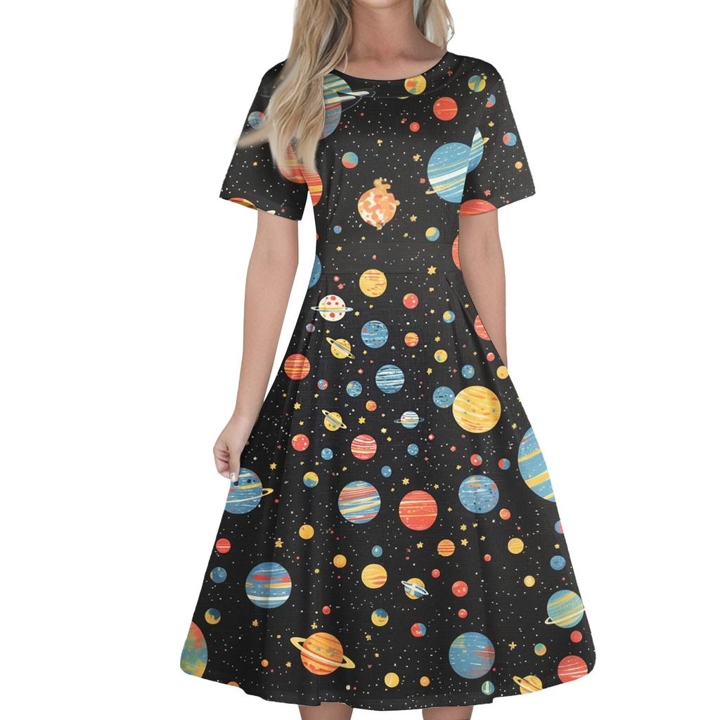 Women's Casual Fashion Dress Animal Floral Print Round Short Sleeve Waist Mid-Length Swing Dress (with Zipper)
