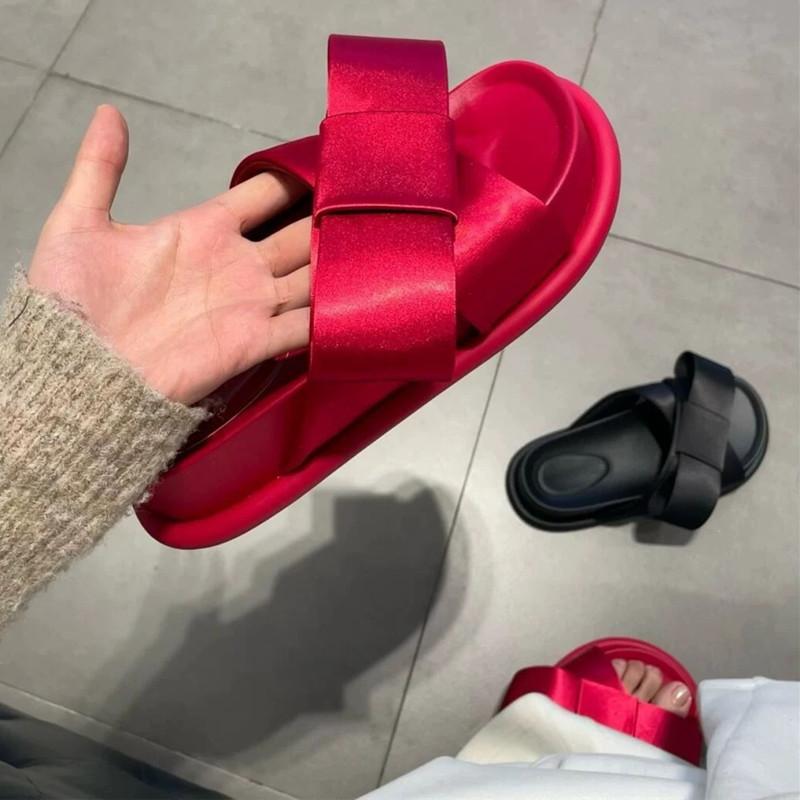 Fashion New Summer Thick Bottom Platform Slippers Women Plus Butterfly Knot Decorative Lolita Style Flat Slides Sandals Cute Beach Shoes