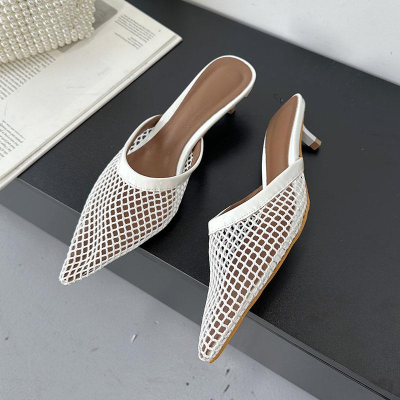 

Модные женские туфли-лодочки с острым носком на низком каблуке, шлепанцы, обувь с неглубоким вырезом, модные сетчатые женские туфли-мюли на каблуке, большой размер 43 35 бежевый
