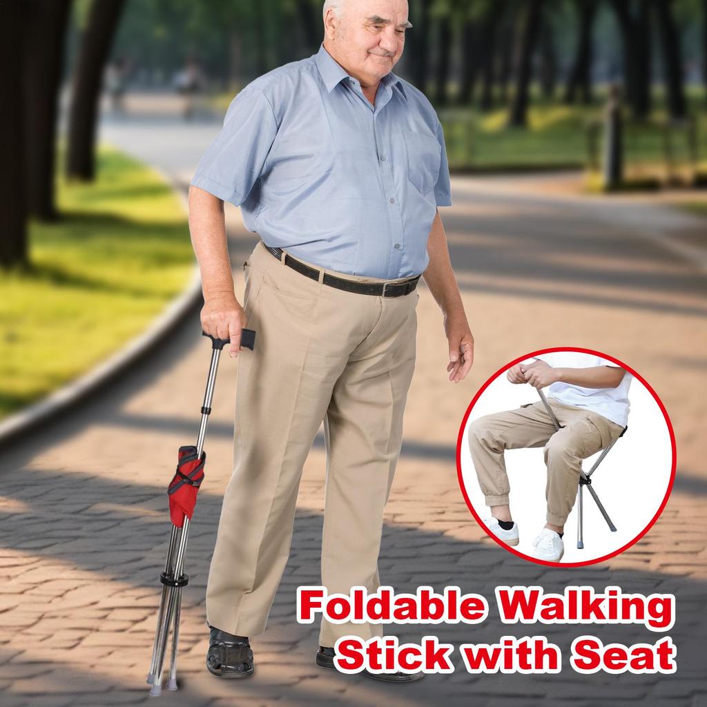 Foldable Walking Cane with Seat Anti-Slip Crutches Stool Mobility Aid Elderly Men Women Travel Hiking Outdoor Fishing