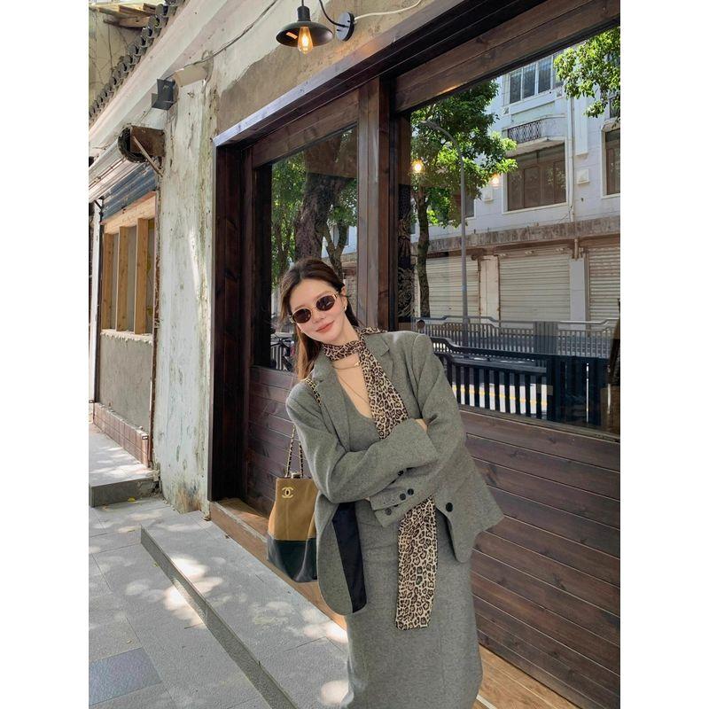 Kumikumi High Sense Blazers Inner wear Vest Vest Women Autumn Slimming Skirt Long dress Three-Piece Set