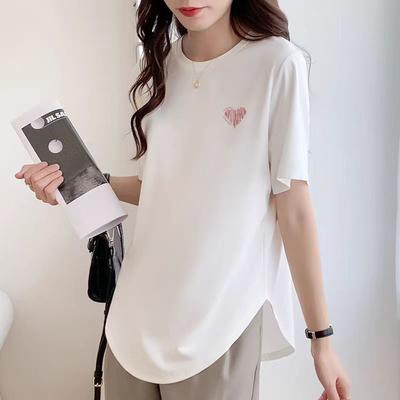 Rundhals Reine Baumwolle Neu Vorderseite Schulter Kurzarm T-Shirt Sommer Locker Damen Geschwungener Saum Mittellanges Oberteil