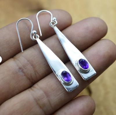 Solide 925 Sterling Silber Amethyst Edelstein Lange Hängende Tropfenohrringe Designerohrringe Geschenk für Sie Statement-Ohrringe