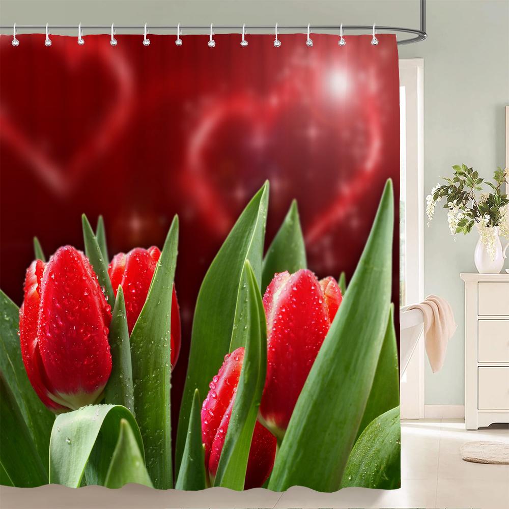 3d Tulip Fresh Flowers Shower Curtains Bathroom Waterproof Floral Bath Curtain Polyester Cloth With Hooks Decorative Bath Screen