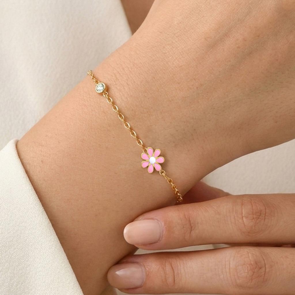 Minimalist Enamel Daisy Flower Bracelet, 18K Gold Plated Stainless Steel, Waterproof Dainty CZ Charm Jewelry Gift