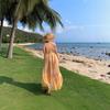 New Sun Yellow Printed Holiday Style Halter Dress, Seaside Beach Photo Atmosphere