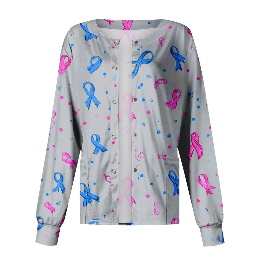 Women Long Sleeve Pattern Tops Pocket Working Stand-up Collar Single-breasted Protective Overalls Jacket Top Christmas
