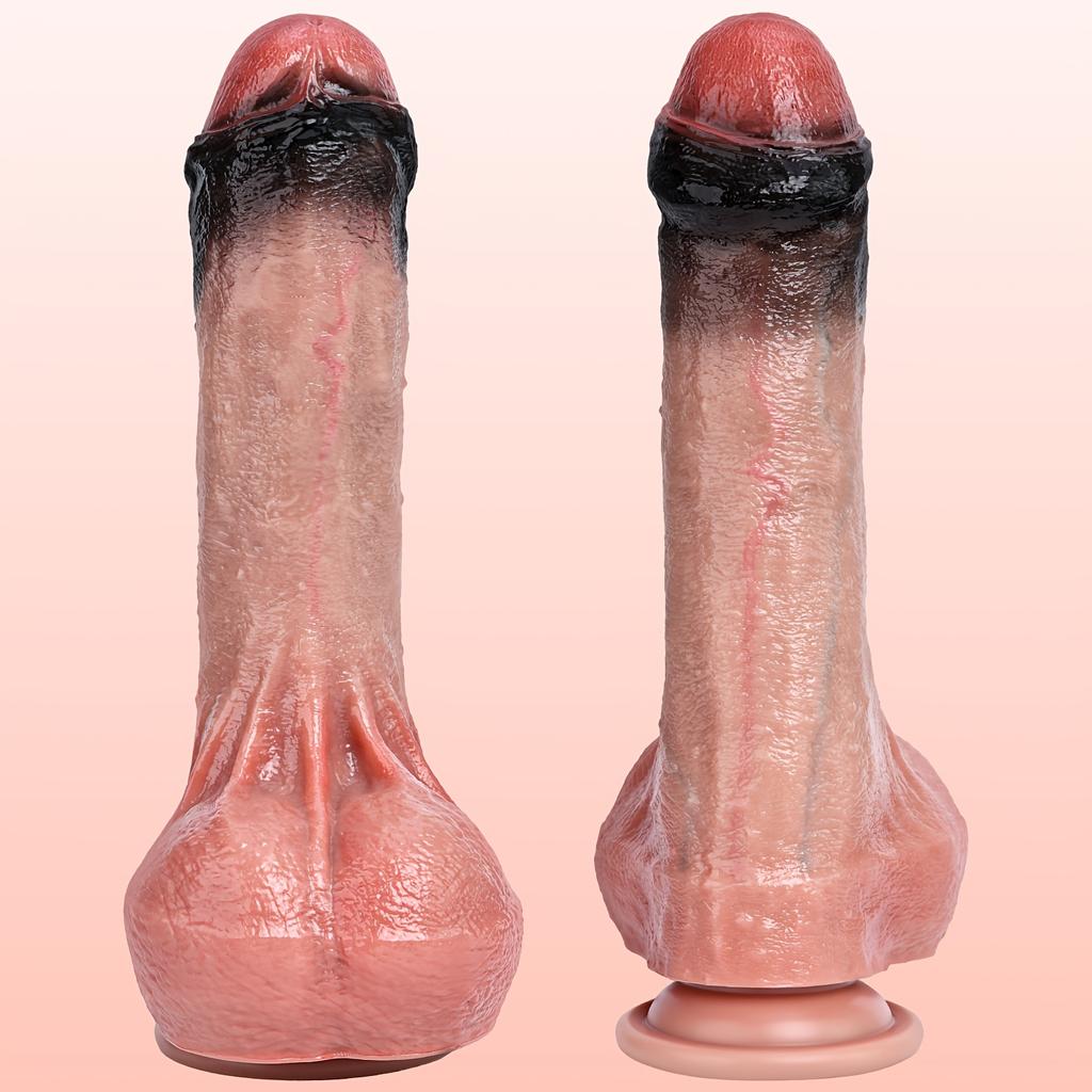 8.86'' Realistic Black Foreskin Silicone Dildo, Curved Thick Lifelike Design with Strong Suction Cup, Flexible Adult Toy, Strap-On Compatible