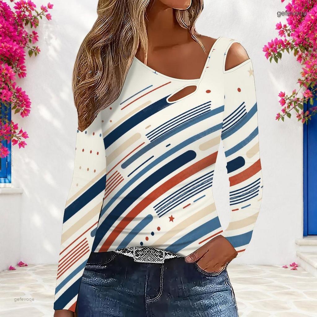 Women Plus Size Asymmetric Cutout Neck Cold Shoulder Long Sleeve Eagle Star Stripe Print Shirt