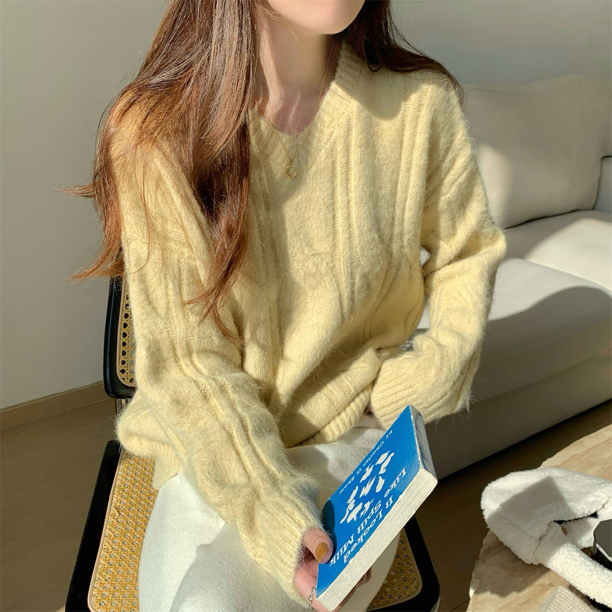 

Spring Christmas red sweater women s soft waxy neck twist knitted bottoming shirt thickened loose inner top L жёлтый