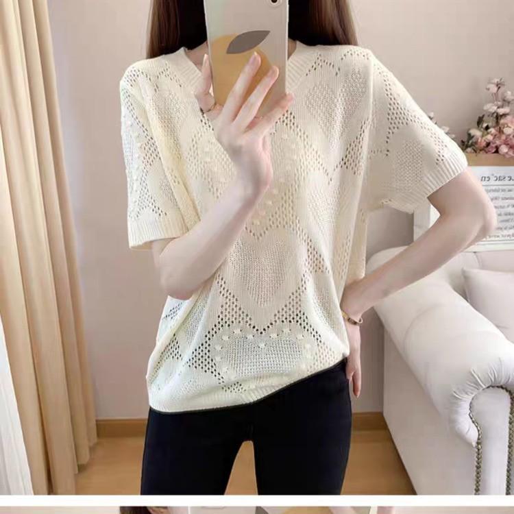 Versatile Women's 2026 Fashion Hollow Out Round Neck Loose Knitwear - Slimming Summer Short Sleeve New Arrival