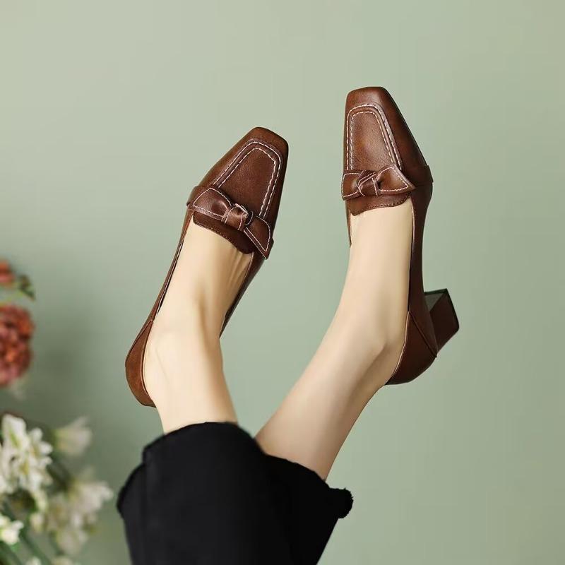 Ladies Spring New Fashion Trend Simple Bow Design Square Toe Single Shoes Outdoor Leisure Comfortable High Heel Women's Shoes