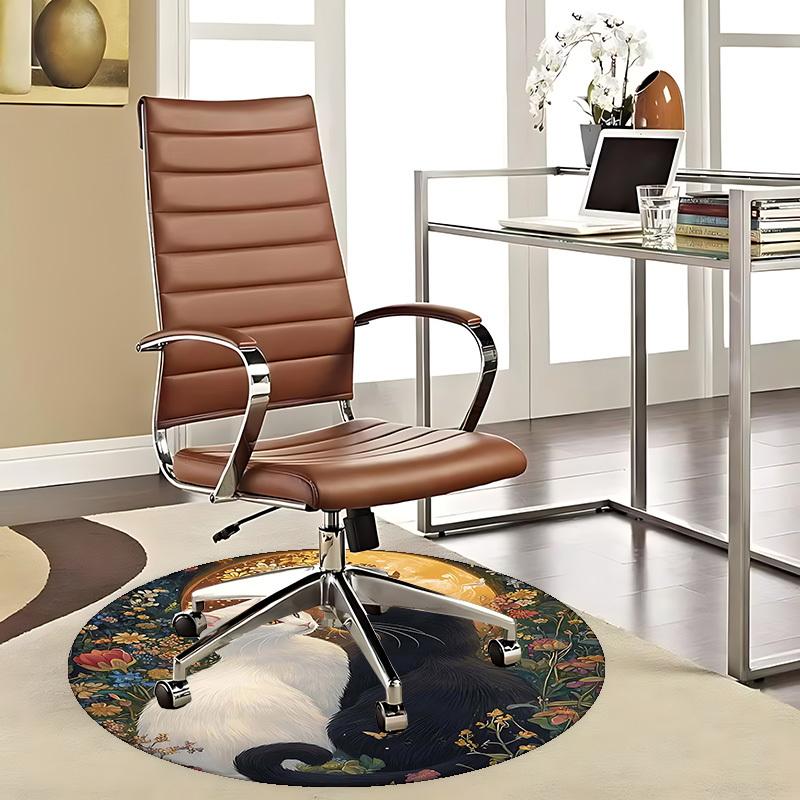 1pc Anime Design Round Carpet Office Chair Mat with Cats and Flowers, Non Slip Rug for Home Decor