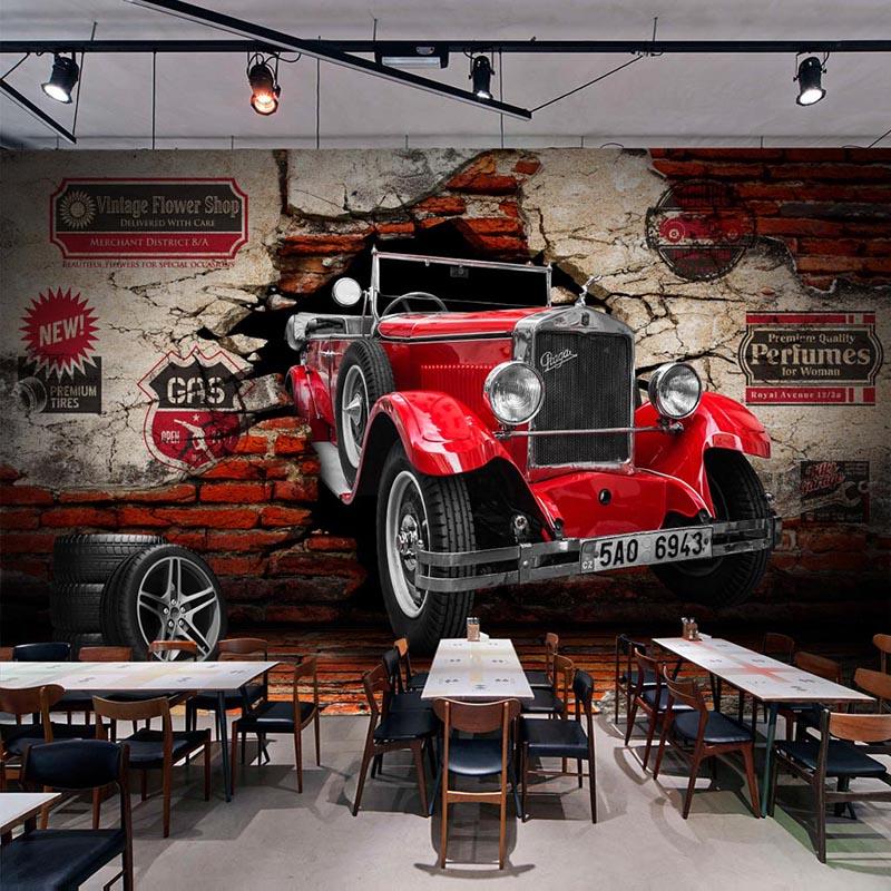 Retro 3d Tapet Rød Bil Veggmaleri Restaurant Kafé Bar Ktv Stue Bakgrunnsveggmaleri Dekorasjon