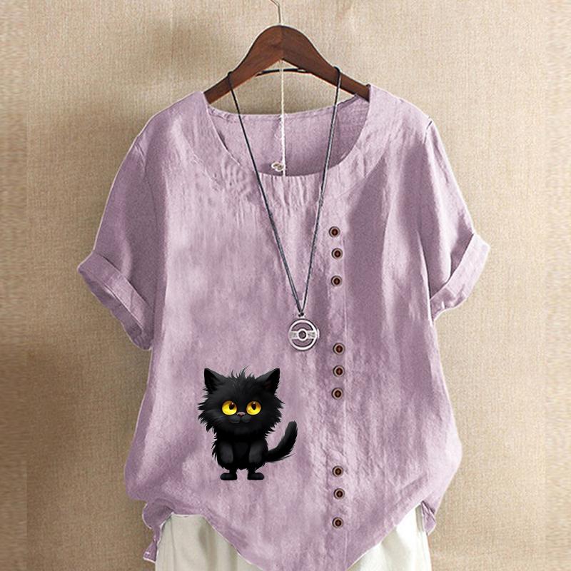 Damenmode, T-Shirt mit schwarzem Katzen-Print, kurzärmelig, lockeres Baumwollhemd, lässige Sommerbluse, Tops, Übergröße