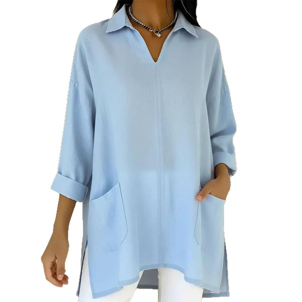 2026 Spring European & American Women's Fashion Solid Color Pocket Shirt Collar Loose Top