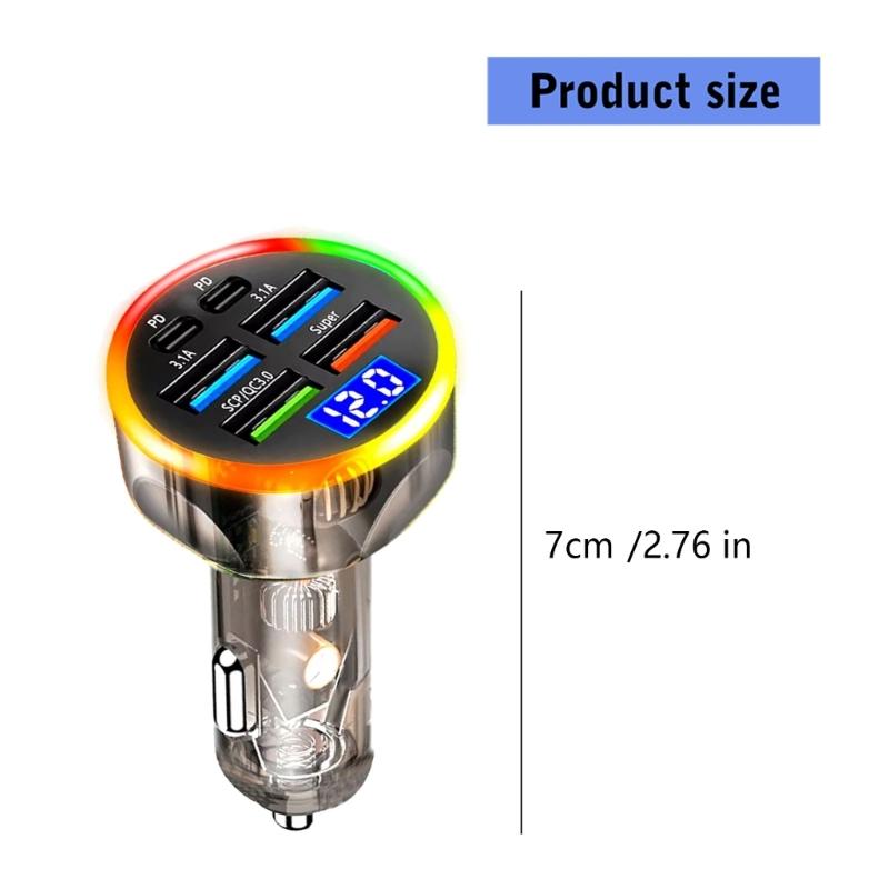 6 Port Car Chargers Digital Voltages Monitor Colorful LED Lighting For Quick Charging Multiple Devices 200W Charging Ada