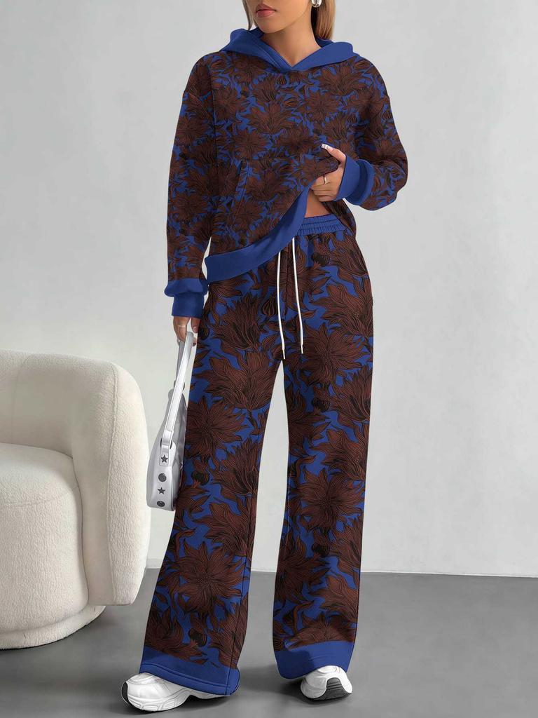 Retro Pattern Splicing European, American Autumn And Winter Casual Long-Sleeved Suit Women'S Hooded Sweater Trousers Two-Piece Set