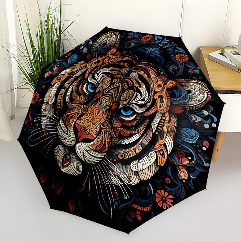 1pc Tiger Mandala Automatic Open/close Folding Compact Umbrella, 8-Rib Sturdy Canopy, Lightweight Portable, Everyday Use, Gift, Outdoor Umbrella, Trav