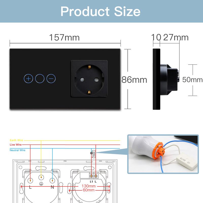 BSEED Touch Dimmer Switches 1gang1way Wall Light Switch LED Dimmer Plus EU Wall socket USB EU Standard Blue Backlight 10A