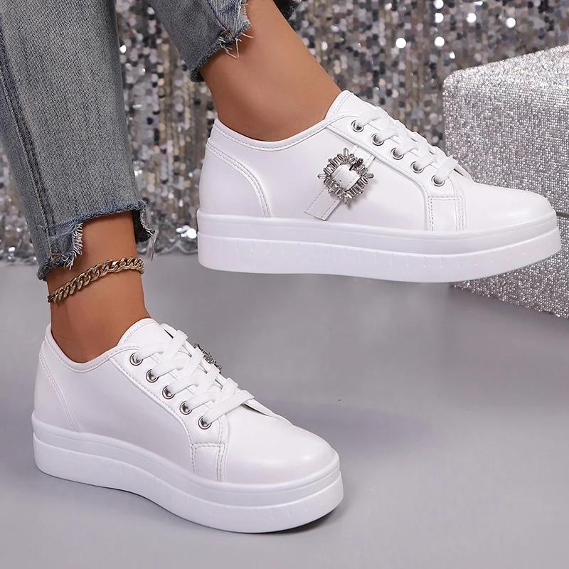 Fashion Women Sneakers Fashion Platform Non-slip Women Shoes New Lace Up Sports Shoes Woman Crystal Buckle Thick Bottom Vulcanized Shoes