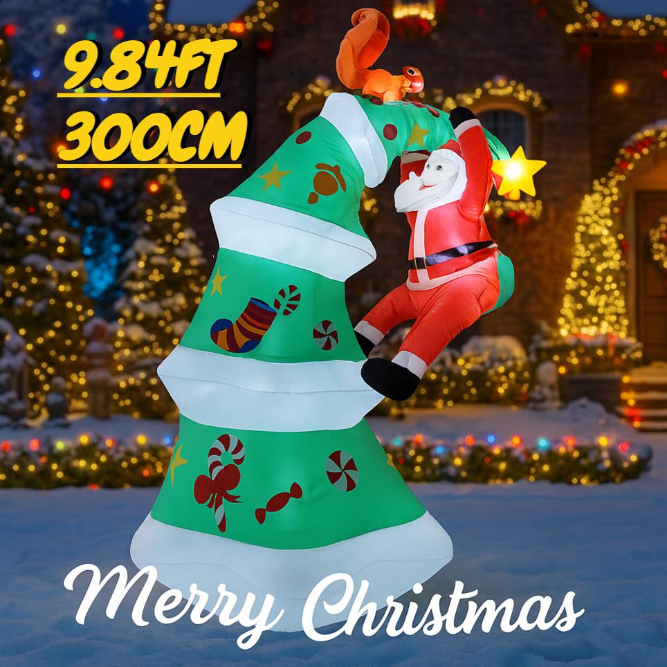 9.84FT Inflatable Santa Climb Xmas Tree Squirrel Toy Yard Party Decor Festive Gift LED Lit Christmas Supplies for Home Ornament