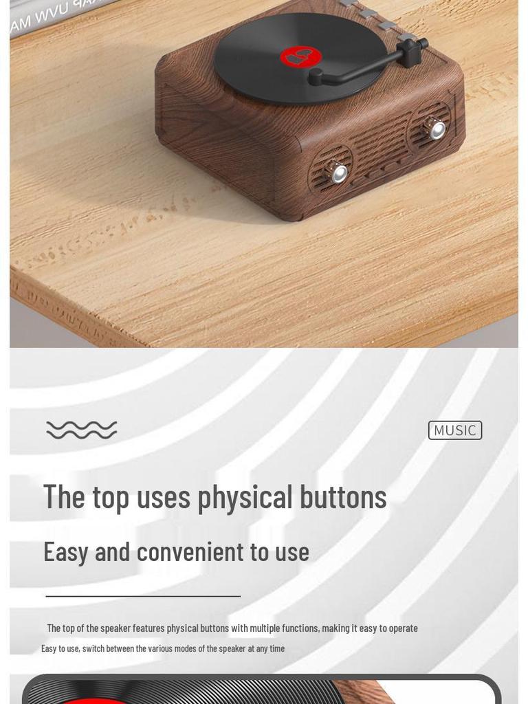 Retro Mini Portable Bluetooth Speaker with Record Player Design and Subwoofer