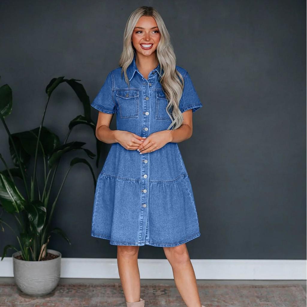 IHUASU Rochie Casual din Denim cu Rever și Mânecă Scurtă de Vară