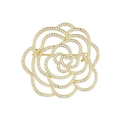 Broche de camélia vazado com micro-conjunto de strass, acessórios de roupas femininas populares com rosas, broche e alfinete