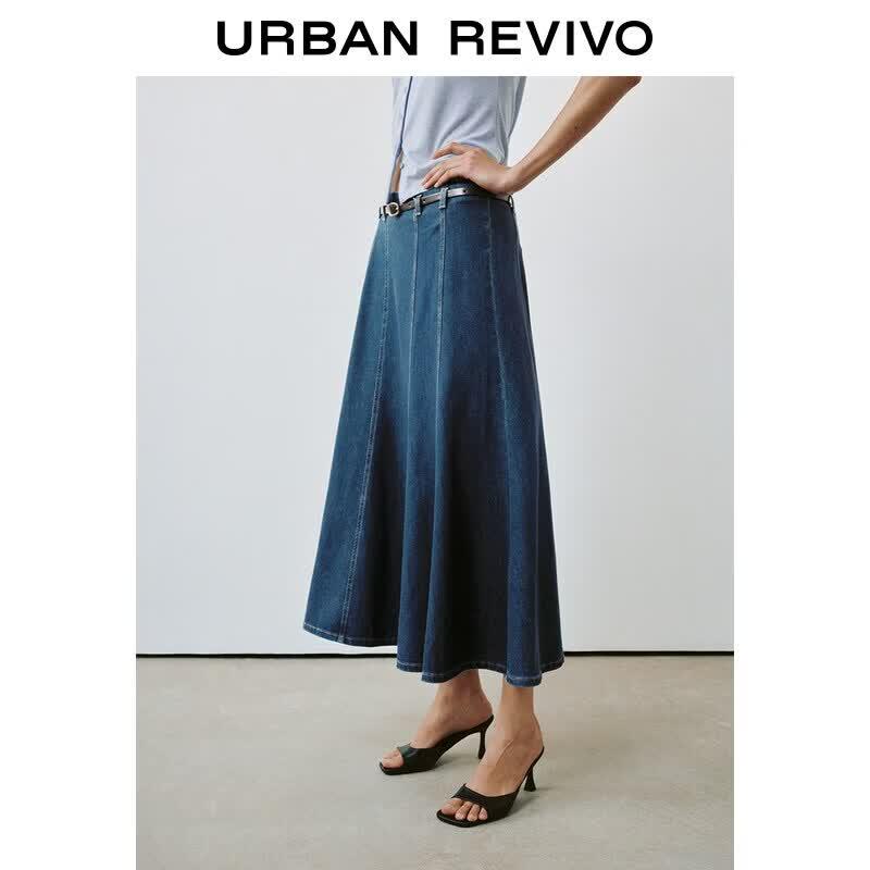 UR2026 Women's Patchwork Belted Denim Skirt