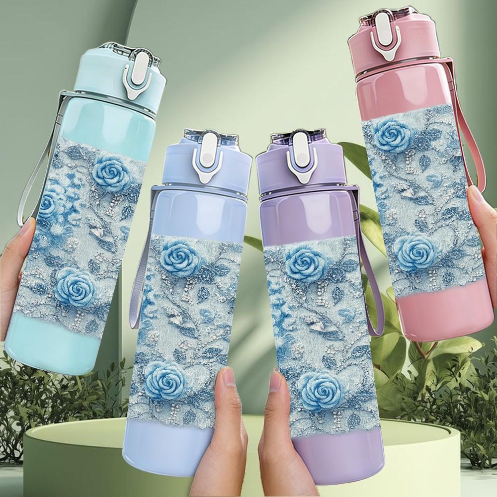 1PC Blue Thistle Floral Texture Print 750ml Color Plastic Sports Water Bottle Leakproof Flip Straw Lid Suitable for Sports Office Home Use