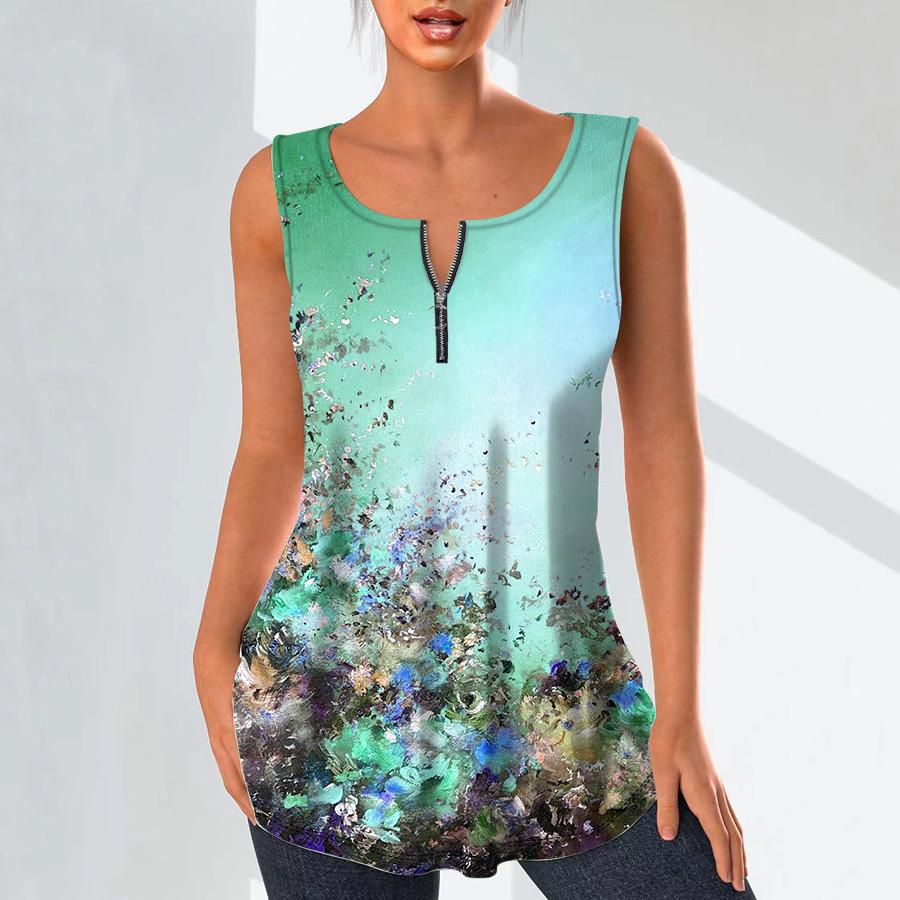 Cămăși cu decolteu în V de modă pentru femei Topuri ocazionale Tricou pentru damă, cu flori redate în 3D, vestă cu imprimeu, bluză de dimensiuni mari, fără mâneci, maiuri